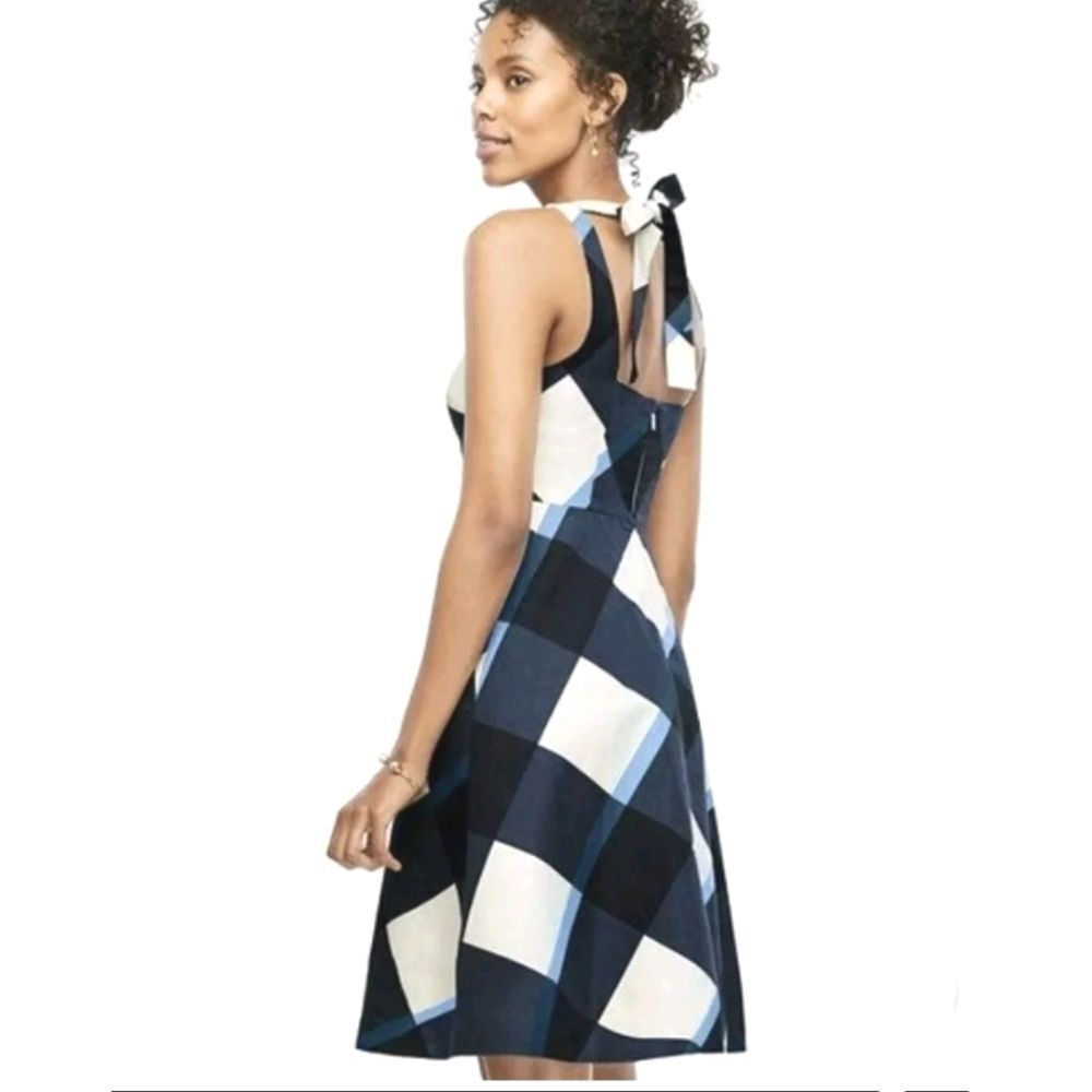 Ann Taylor Linen Back Tie Sleeveless Black & Blue Geometric Fit n Flare Dress 10